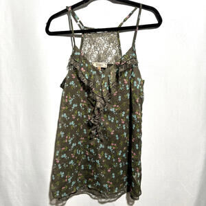 Olive Green Floral Ruffle Lace Fairy Grunge Cami Racerback Tank Top Cottage L‎